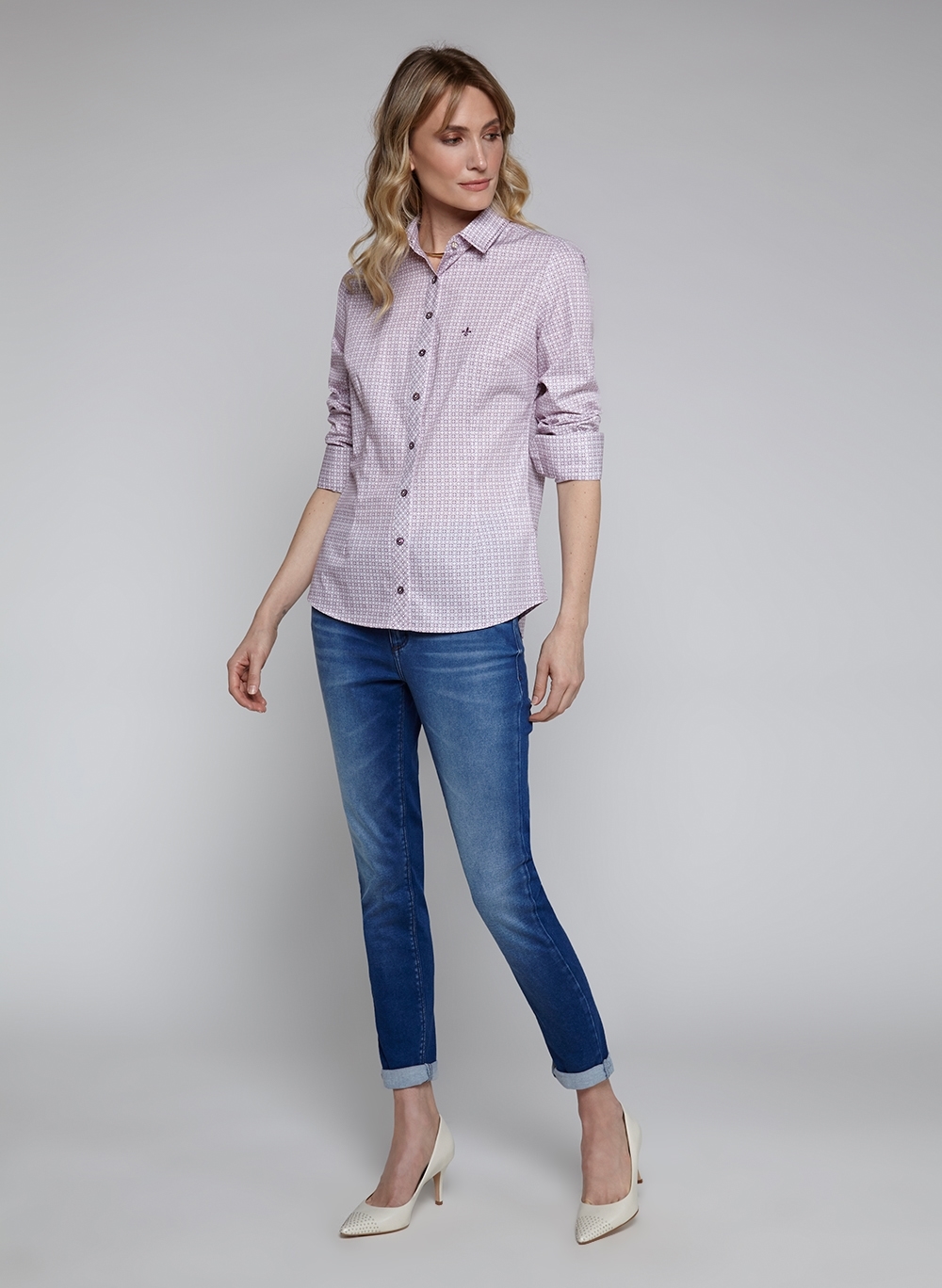 camisa dudalina estampada feminina