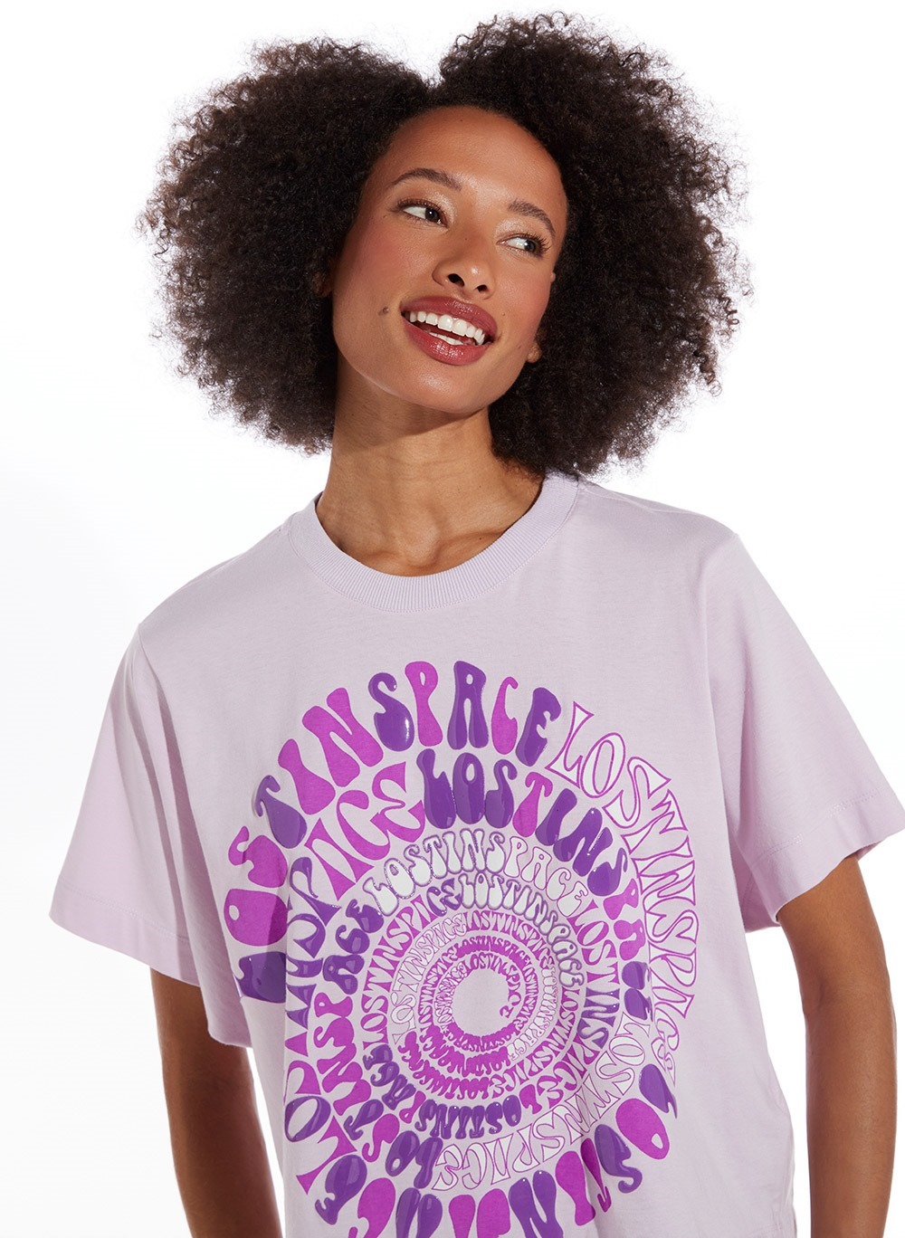 Camiseta de Malha Lost In Space Feminina Roxo Claro Rosa Chá 11.51